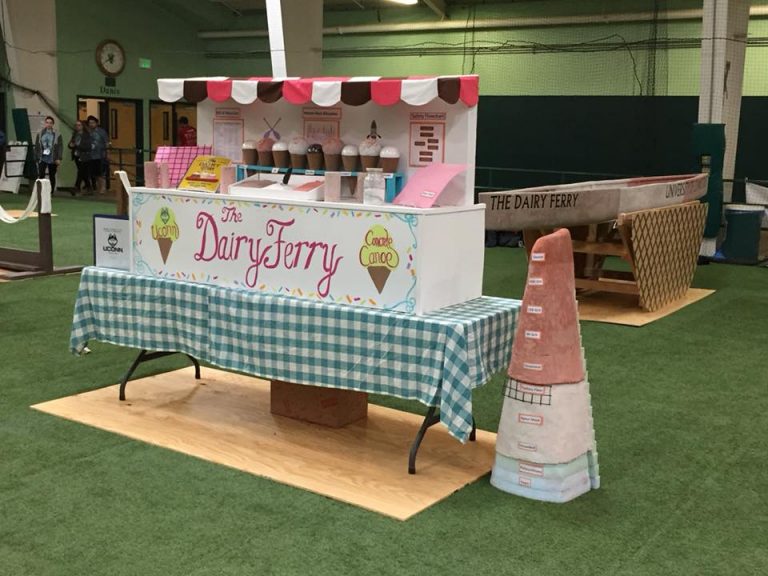 the dairy fairy canoe along with the display that resembles an ice cream stand and the sectional showing each layer of the canoe